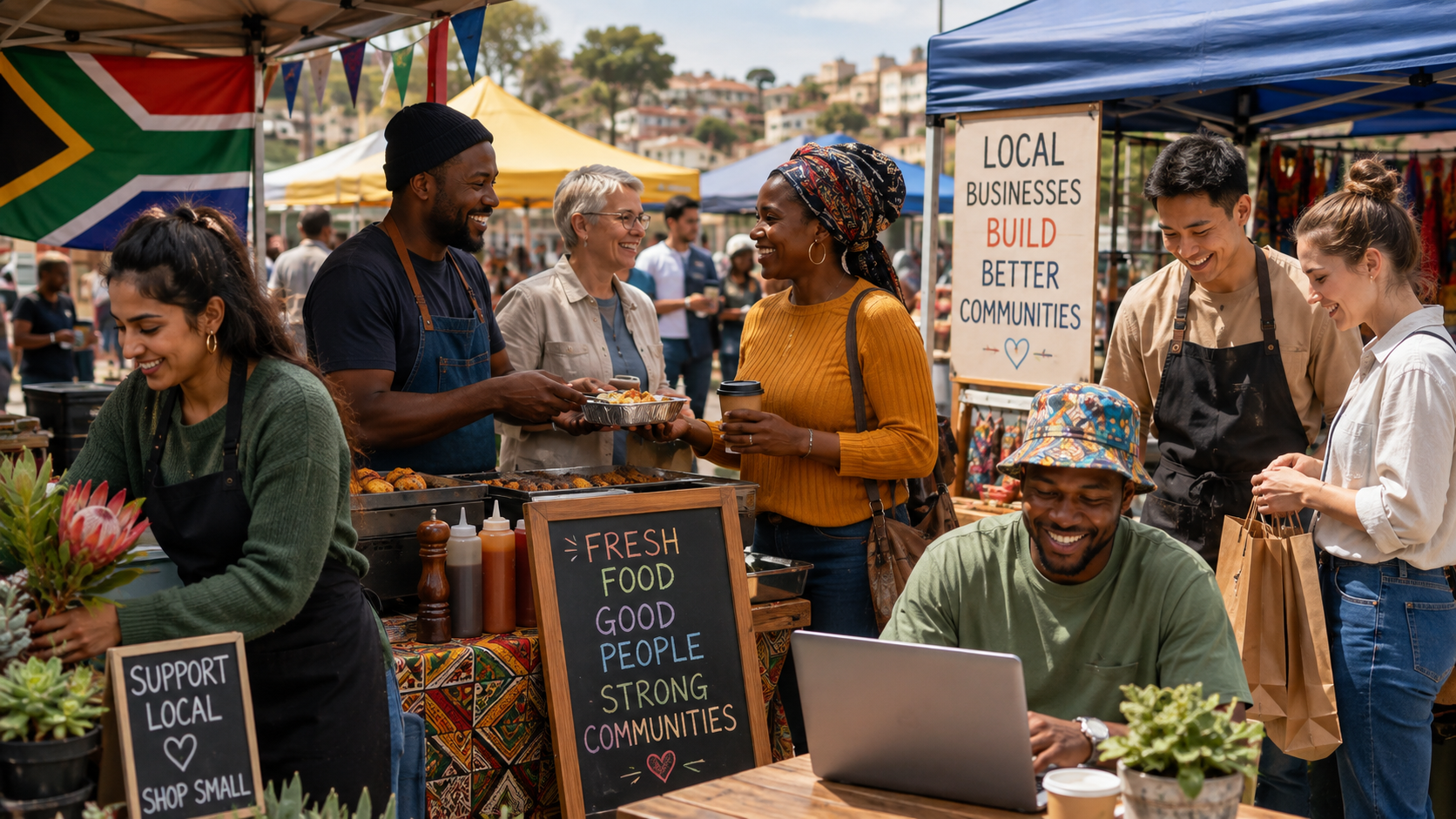 A diverse South African community market with local business owners and customers
